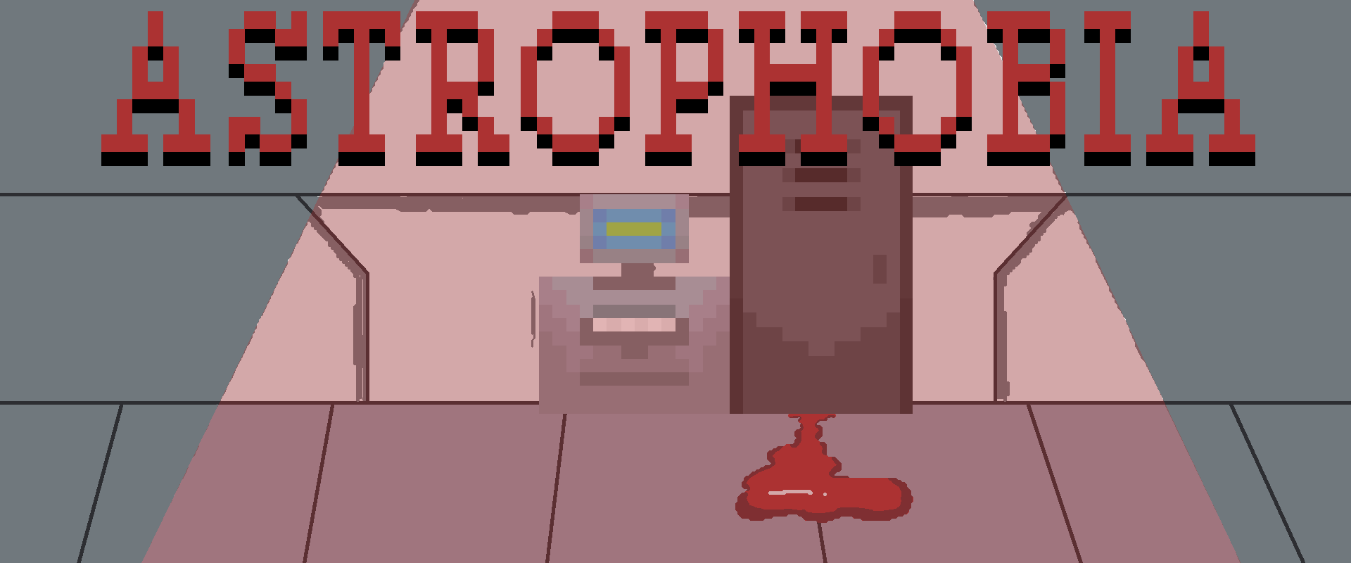 Illustrated banner of a hallway with a pixelart computer and locker. Title text reads 'Astrophobia'.