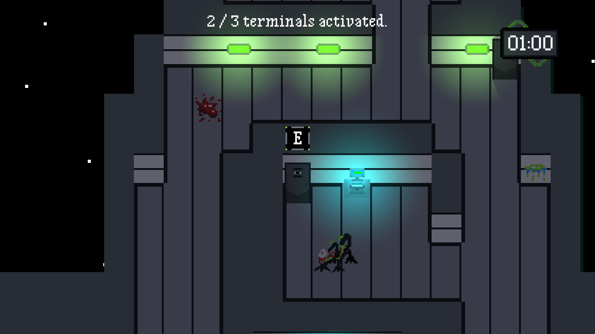 Screenshot of a 2D pixelart videogame. The player is hiding in a locker while a monster stands outside.
