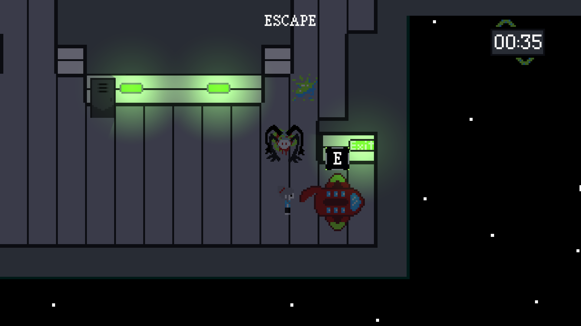 Screenshot of the same game. The player is entering a space shuttle while the monster chases them. UI text says 'Escape'.
            