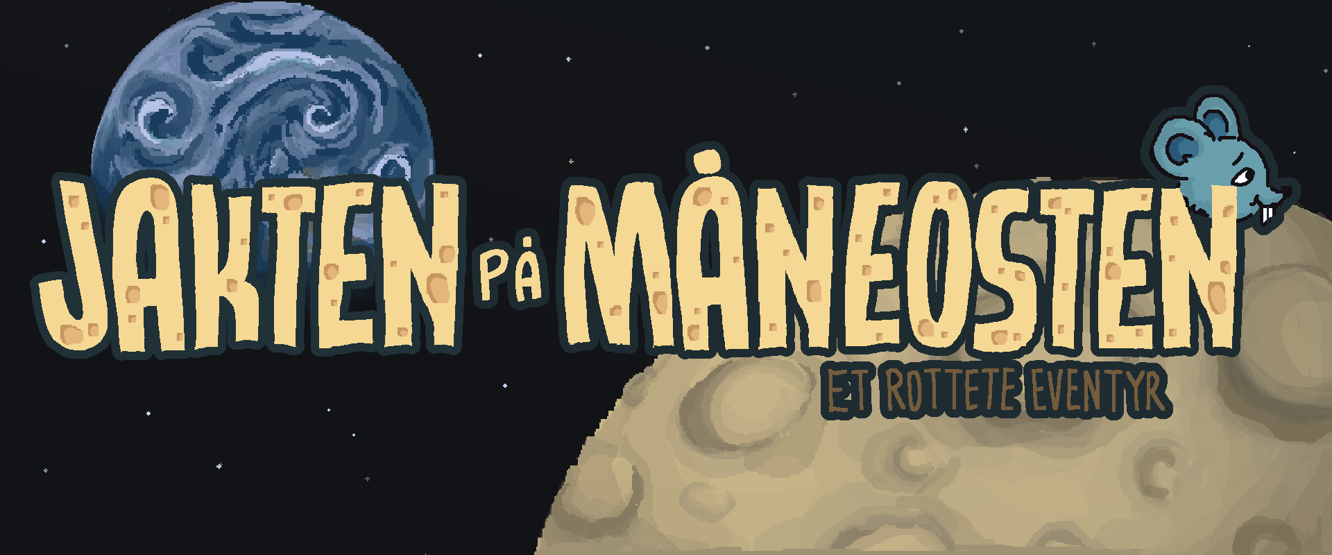 Illustrated banner of The Hunt for the Moon Cheese's Norwegian title. The text looks like cheese and the background is of outer space.